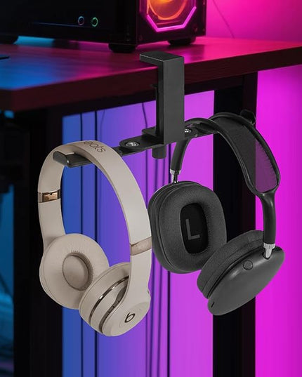 blingwider 2 Hooks Aluminum Foldable Headphone Holder for Desk, Headset Stand for Desk,Backpack Holder Hook for Desk,Table Bag Hook,Under Desk Clamp Hook for Gaming PC Accessories,Black