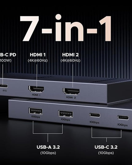 UGREEN 7 in 1 Docking Station Dual Monitor, USB C Hub Dual 4K@60Hz HDMI Display, 10Gbps USB-A/C Data Ports, 100W PD, Aluminum Revodok Pro Laptop Docking Station for HP, Thinkpad, Dell and More