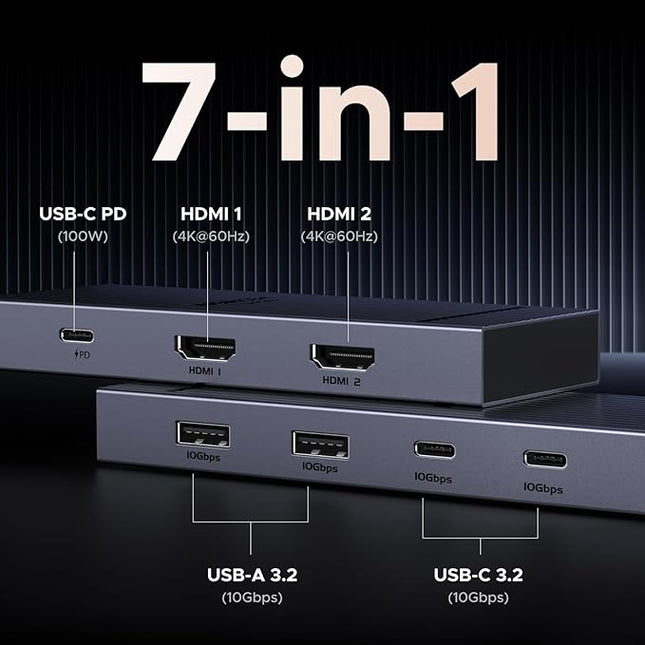 UGREEN 7 in 1 Docking Station Dual Monitor, USB C Hub Dual 4K@60Hz HDMI Display, 10Gbps USB-A/C Data Ports, 100W PD, Aluminum Revodok Pro Laptop Docking Station for HP, Thinkpad, Dell and More