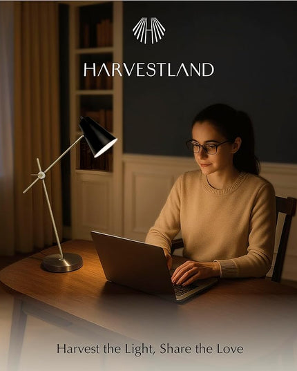 HarvestLand HaloBar Brass Desk Lamp Home Office – Black Industrial Table Lamp with Solid Base for Office, Reading Lamps for Bedside Table, Study and Reading Task Lamp, Gifts for Men