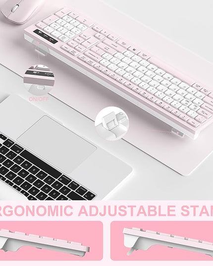Wireless Keyboard and Mouse Combo, Full-Sized Quiet Wireless Keyboard and Adjustable DPI Mouse, 2.4GHz USB Receiver, Keyboard and Mouse for PC, Windows, Desktop, Laptop (Pink and White-B)