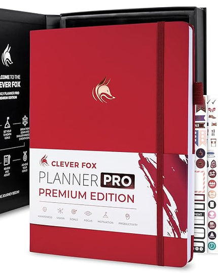 Clever Fox Planner Pro Premium – Luxurious Weekly & Monthly Planner with Budget Organizer for Productivity & Goals, Undated, A4 (Red)
