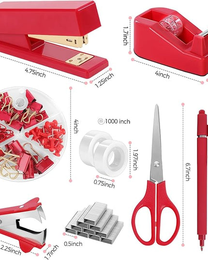 SKYDUE Red Office Supplies Set, Desk Accessories, Stapler, Tape Dispenser, Scissors, Binder/Paper Clips and 1000pcs Staples, Office Decor for Women