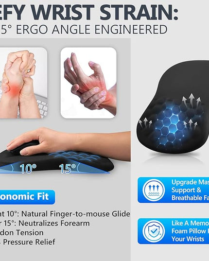 Ergonomic Mouse Pad with Wrist Rest, Dual-Slope Design for Pain Relief- Large 12x8 Inch Size with Reinforced Memory Foam & Non-Slip Base for Office Desk/Gaming (Black)