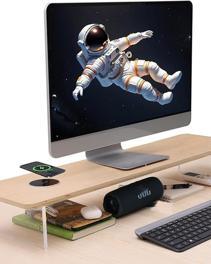 SUIBIAN White Monitor Stand Riser with Wireless Charging 31.5Inch Large, Computer Monitor Stand,Wooden Desktop Organizer Shelf for Office Desk Computer,Laptop,TV (White Oak)