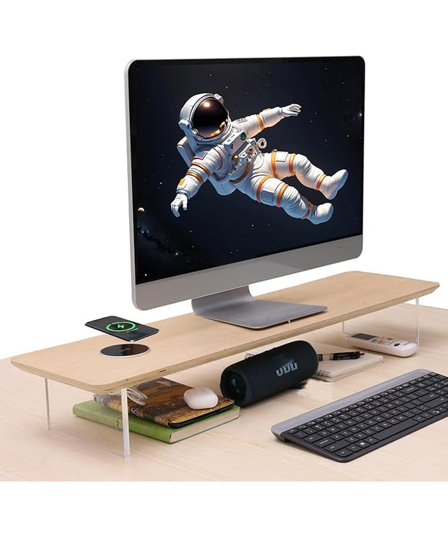 SUIBIAN White Monitor Stand Riser with Wireless Charging 31.5Inch Large, Computer Monitor Stand,Wooden Desktop Organizer Shelf for Office Desk Computer,Laptop,TV (White Oak)