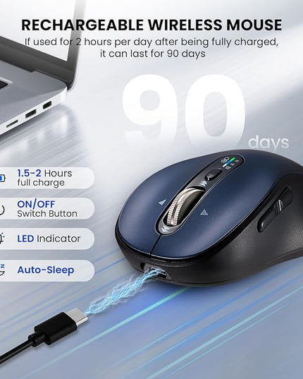 Bluetooth Wireless Mouse for Laptop,USB+BT×2,USB-C Charging,Quiet 3 Multi Device Mouses,Metal 4-Way Super Scrolling,± 3200 DPI,10 Buttons,Plug&Play,Ergo Computer Cordless Mice,iPad/Tablet/Mac/PC/Phone