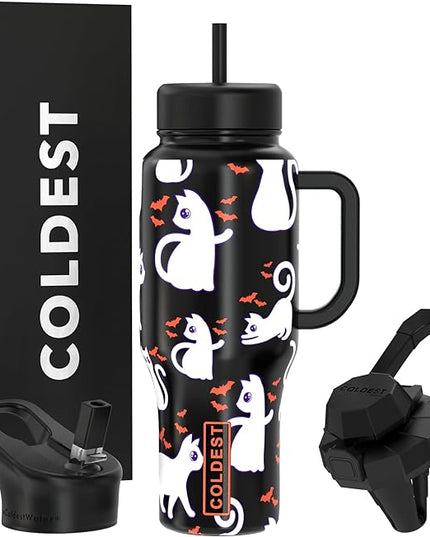 Coldest Tumbler with Handle and Straw, 100% Leak Proof Insulated Tumbler with Lid and Straw (3 Lids), Stainless Steel Tumblers for Women & Men, Cup Holder Friendly Base, 36 oz (Bats and Cats)