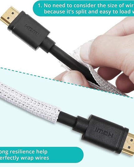 20ft - 1/4 inch White Cable Sleeve, Cable Organizer for Desk PC TV Computer, Wire Protector Cable Wrap Cover, Cord Management for Home Office