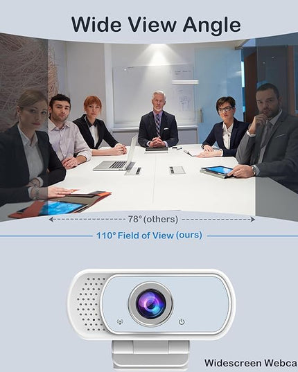 1080p White Webcam with Microphone, USB Web Camera 110-Degree View Angle Computer Camera,Webcam Tripod/Privacy Cover/USB C Adapter Include,Plug and Play Web Cam for Video Conferencing Streaming