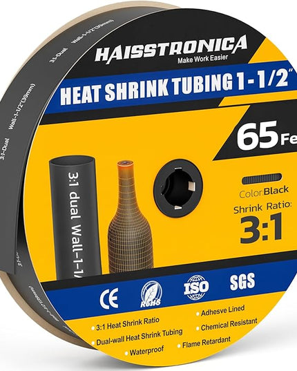 haisstronica 3:1 Heat Shrink Tubing, Shrink Ratio Adhesive Lined Marine Grade Heat Shrink Tube for Home, Automotive and Industrial (Black) 65FT 1-1/2inch