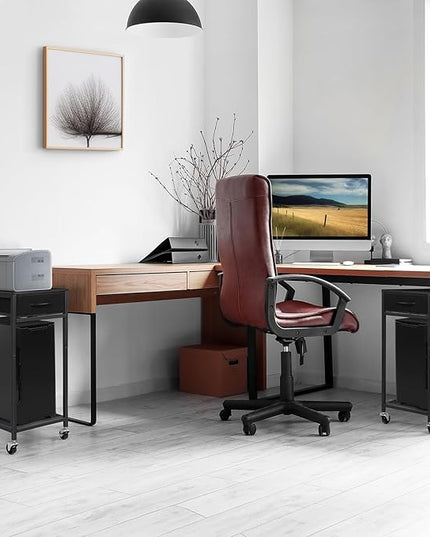 YBING PC Stand 2 Tier Computer Tower Stand with Drawer Mobile Computer Cart with Storage Metal CPU Holder on Wheels Pc Tower Stand Black Rolling Computer Tower Stand Floor for Office