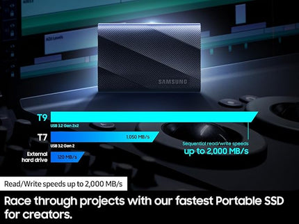 Samsung T9 Portable SSD 2TB, USB 3.2 Gen 2x2 External Solid State Drive, Seq. Read Speeds Up to 2,000MB/s for Gaming, Students and Professionals, MU-PG2T0B/AM, Black