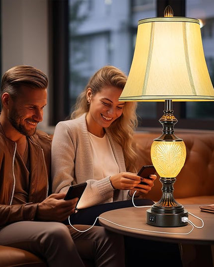 27'' High Vintage Table Lamp Set of 2 for Living Room Farmhouse Bedside Lamp with Fabric Shades Boho Nightstand Lamp with USB and Nightlight for Bedroom Home Office Hotel Bar (Bulb Included)