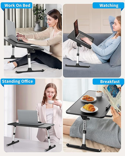 SAIJI Leather Laptop Bed Tray Table, Adjustable Laptop Stand with Removable Stopper, Portable Lap Desks with Foldable Legs, Notebook Stand Breakfast Reading Desk for Sofa Couch((Medium, Black)