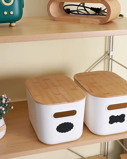 Citylife 2 PCS Storage Bins with Bamboo Lids Plastic Storage Containers for Organizing Stackable Storage Box with Handle, 10.23 x 7.08 x 6.3 inch