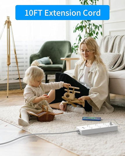 6 Super Wide Spaced Outlet Surge Protector Power Strip with USB, 10 ft Extension Cord Flat Plug Surge Protector Wall Mount, 1700 Joules, 1875W, 15A Circuit Breaker for Home Office Accessories, White