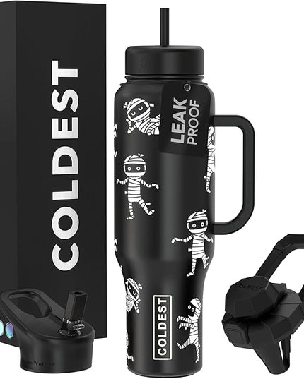 Coldest Tumbler with Handle and Straw, 100% Leak Proof Insulated Tumbler with Lid and Straw (3 Lids), Stainless Steel Tumblers for Women & Men, Cup Holder Friendly Base, 46 oz (Lost Mummies)