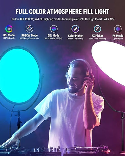 NEEWER 18" RGB LED Round Panel Video Light with APP Control, 65W 6000Lux/0.5m 2500K-8500K RGBCW Photography Studio Lighting /18 Scenes/V Battery Powered for Outdoor Filming Recording Streaming, GR18C