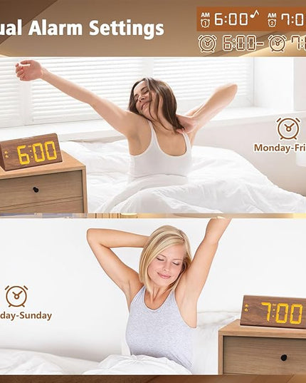 fomobest Wooden Digital Alarm Clock with Dual USB Charging Ports, DST, Dimmable, Snooze, Modern Large Time Display LED Clock for Kids Bedrooms, Living Room, Desk, Table, Bedside, Nightstand (Brown)