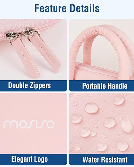 MOSISO Laptop Case 16 inch, 15-15.6 inch Puffy Laptop Sleeve Compatible with MacBook Pro 16 M4 M3 M2 M1, HP Acer Dell Lenovo Notebook, Rectangle Quilted Computer Bag with Handle&Flower Pendant, Pink