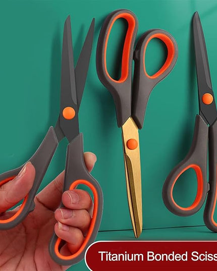 Scissors, Rkqoa 8" All Purpose Titanium Scissor Set of 3 Pack - 2.5mm Thick Sharp Scissors Bulk for Office School Sewing Craft Supplies, Classroom Must have, Teacher/Class Shears, Right/Left Handles