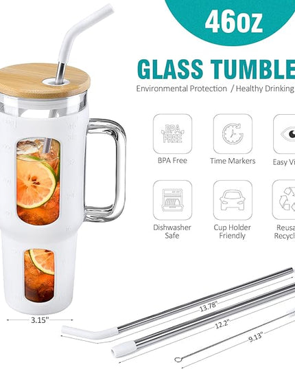 Glass Tumbler with Lid and Straw, 46 oz Iced Coffee Cup with Handle, Large Water Bottles with Silicone Sleeve, Glass Cup with Straws - Pearl Straw & Drinking Straw BPA Free-White