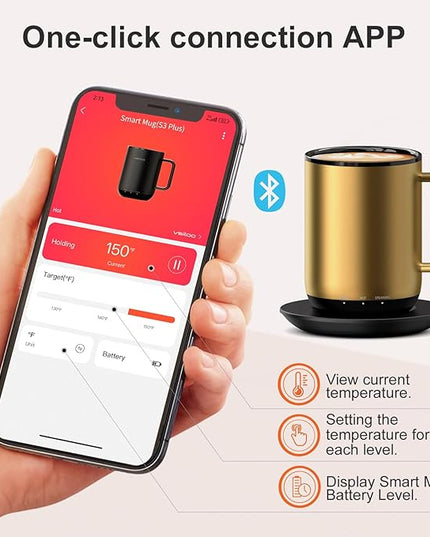 Vsitoo S3 Plus 14oz Heated Coffee Mug- Temperature Control Smart Mug with Mug Warmer, Auto-Sensing AI Heats Drinks to 120-150°F Hands-Free.Ideal for Home/Office/Gifts，Gold