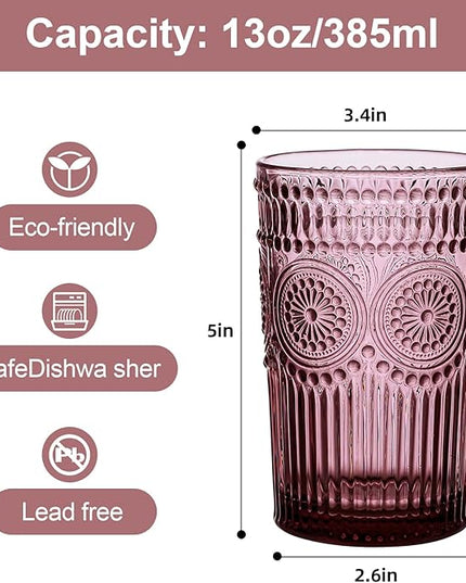 Vintage Glassware Drinking Glasses Set of 6,13 oz Purple Textured Flower Design Glass Water Tumblers，Embossed Striped Drinkware for Water,Cocktails,Juice,Iced Coffee