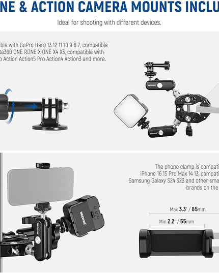 NEEWER Heavy Duty Super Clamp with Two 360° Dual Ball Head Magic Arms, 1/4" 3/8" Screw Threads, Phone & Action Camera Mount Adapter for Flat/Round Surface Compatible with GoPro DJI Insta360 DSLR