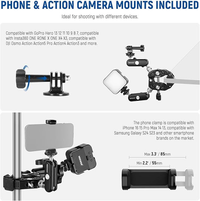 NEEWER Heavy Duty Super Clamp with Two 360° Dual Ball Head Magic Arms, 1/4" 3/8" Screw Threads, Phone & Action Camera Mount Adapter for Flat/Round Surface Compatible with GoPro DJI Insta360 DSLR