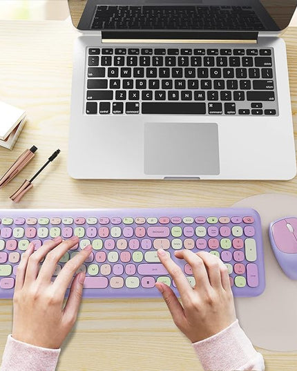 Wireless Keyboard and Mouse Combo, Colorful Ergonomic Full Size Retro Low-Noise Keyboard with Cute keycaps, Compatible with Windows, PC, Perfer for Home and Office Keyboards (Purple)