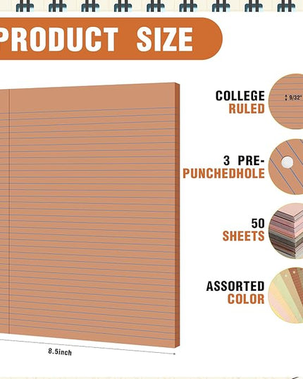PerKoop 600 Sheets Colored Loose Leaf Paper 8.5" x 11" college ruled Lined 3 Hole Punched notebook Filler Paper for 3 Ring Binders Office School Supplies (Cute Color)