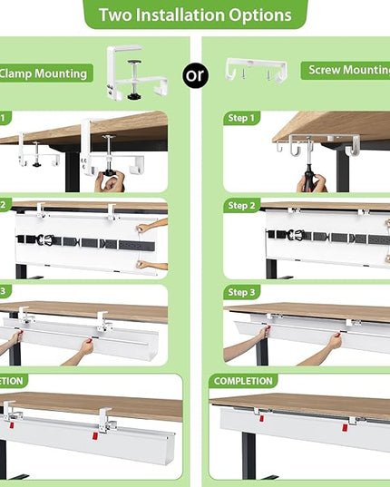 KEEGH Extra Large 48" Under Desk Cable Management Tray - Under Desk Cord Management - Clamp/Screw Mount - Support Upto 70lbs - Fabric Wire Management - Cable Raceways Cord Hider for Office/Home, White