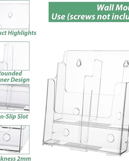 2 Pack 2 Tier Acrylic Brochure Holder 8.5x11 & 4 x9 Inches Wall Mount Brochure Display Stand Clear Pamphlet Holder Literature Holder Plastic Flyer Holder for Trifold, Magazine, Document