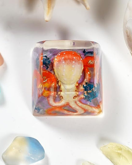 Orange Octopus Artisan Keycap R1 SA Profile Custom Ocean Sea Creatures Keycaps 1U ESC Handmade Gaming Kraken Resin Key Cap Cherry MX Switch Compatible Mechanical Keyboard Octopus Lover Gift