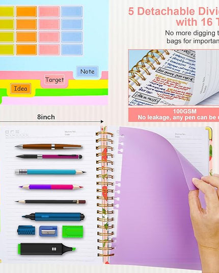 Spiral Journal Notebooks for Work, 300 Pages 5 Subject Notebook College Ruled with Dividers & Tabs, 8''x 10'' Large Notebook Journal for Women Students Note-Taking and Organizer (Pink Strawberry)