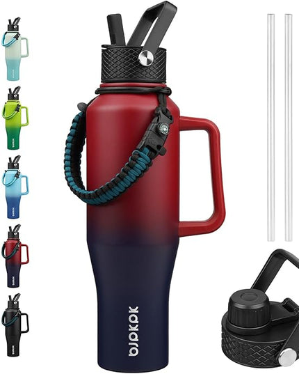 BJPKPK Insulated Water Bottles with Straw Lid, 40oz Metal Water Bottle with 2 lids & Paracord Strap, Double Wall Stainless Steel Tumbler with Handle, Reusable Cups, Mugs, Thermo, Charming Red