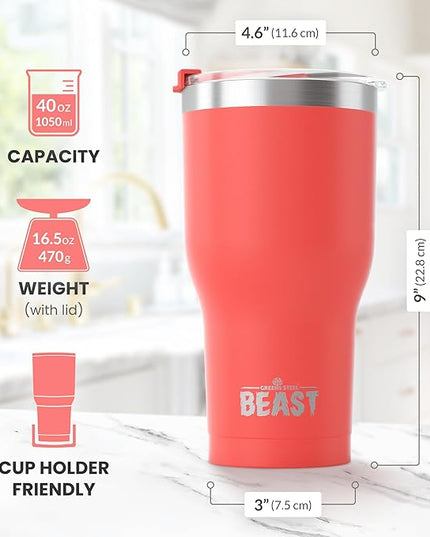 Beast 40 oz Tumbler Stainless Steel Vacuum Insulated Coffee Ice Cup Double Wall Travel Flask (Coral Pink)