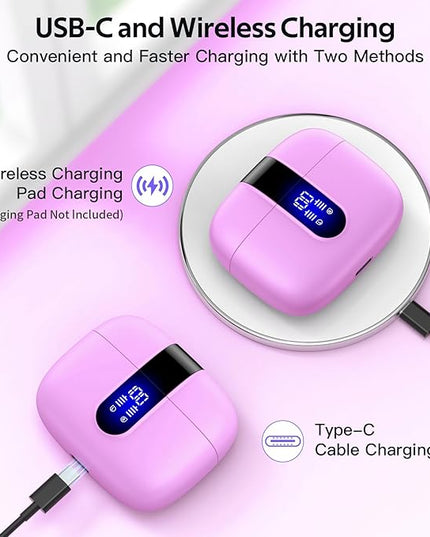 TAGRY 2 Sets X08 Sunset Pink and Phantom Purple Bluetooth Headphones True Wireless Earbuds 60H Playback Ear Buds with Wireless Charging Case in-Ear Earbuds with Mic