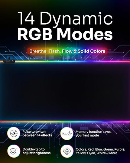 RGB Mouse Pad 35.4×15.7 Inches – Extended LED Mouse Pad with 14 Lighting Modes, Gaming Desk Mat, PC Gaming Accessories, Large Keyboard Pad with Non-Slip Rubber Base.