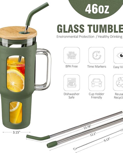 Glass Tumbler with Lid and Straw, 46 oz Iced Coffee Cup with Handle, Large Water Bottles with Silicone Sleeve, Glass Cup with Straws - Pearl Straw & Drinking Straw BPA Free-Olive