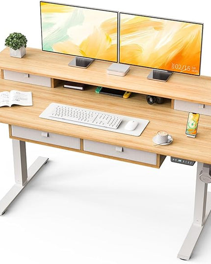 Kingant Standing Desk with Drawers & USB Charging Port, 63" x 30" Height Adjustable Home Office & Gaming Desk, Sit Stand Desk with Built-in Storage Shelf, Hook & Ergonomic Design(Maple)