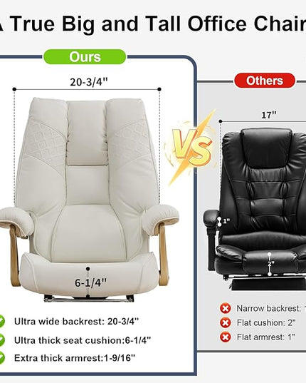 Big and Tall Executive Office Chair with Footrest, 400LBS Capacity Ergonomic High-Back Desk Office Chair with Lumbar Support, Padded Armrests & Thick Cushion, White PU Leather Chairs