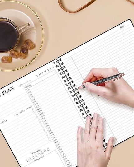 Daily Planner Undated - A4 To Do List Notebook Hourly Schedules, Spiral Appointment Planner for Women and Men,PVC Hardcover, Inner Pocket, Elastic Closure, 8.5" x 11", Black