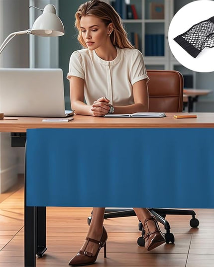Icegrey 64" Under Desk Privacy Panel with Cable Management Organizer Net Self-Adhesive Modesty Panel for Cord Organizer Pockets and Desk Skirt for Home Office or Standing Workstation, Dark Blue