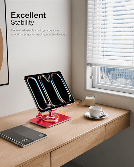 Tablet Stand Holder with Thickened 360°Rotating Base Dual Rod Adjustable Aluminum Stand for All 5.8-12.9” iPad Samsung Phone Tablet Kindle E-Reader and More, Red