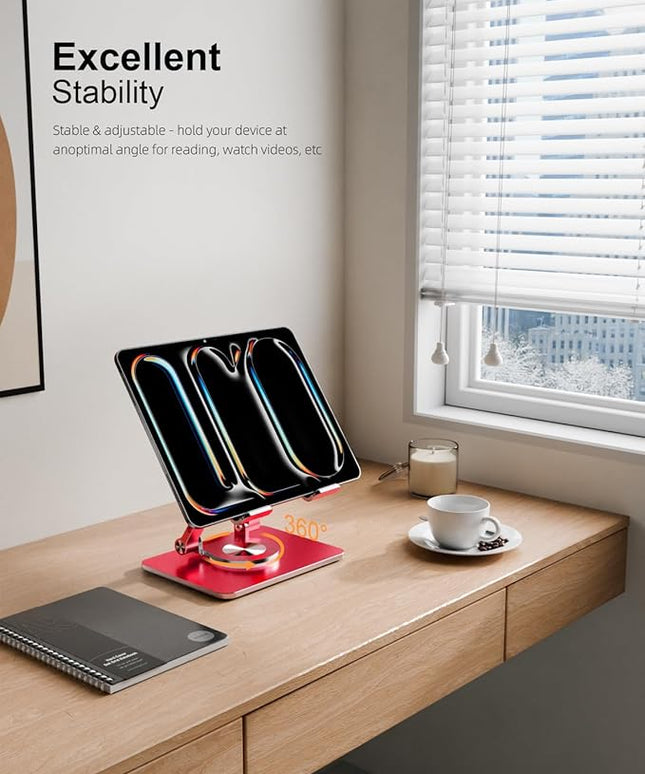 Tablet Stand Holder with Thickened 360°Rotating Base Dual Rod Adjustable Aluminum Stand for All 5.8-12.9” iPad Samsung Phone Tablet Kindle E-Reader and More, Red