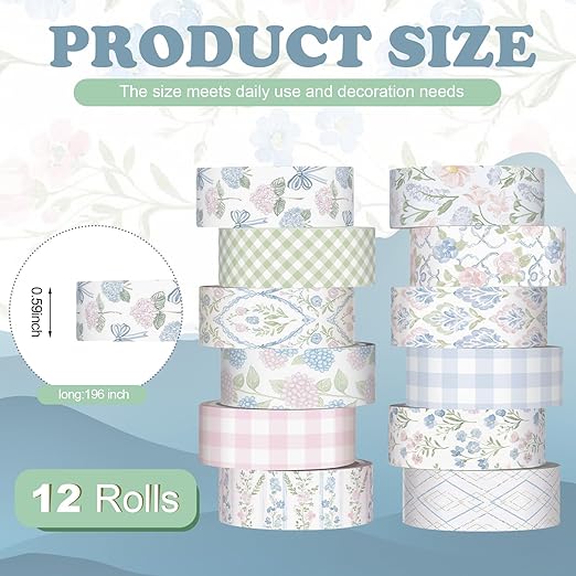 YooNotee 12 Rolls Watercolor Floral Washi Tape Set 15 mm Vintage Flower Decorative Masking Tape for Arts DIY Craft Scrapbook Envelope Party Supplies Gift Wrapping(Pink and Blue,Flowers)