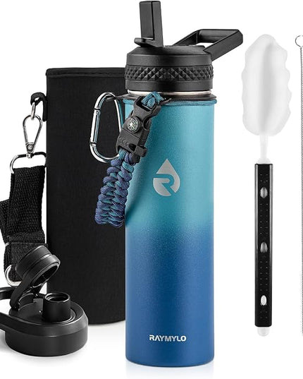 Insulated Water Bottle 20 oz, Triple Wall Vacuum Stainless Steel (Cold for 48 Hrs), Leak Proof & Non-BPA, Kids Water Bottle Jug for School with Straw Spout Lids, Cyan Blue